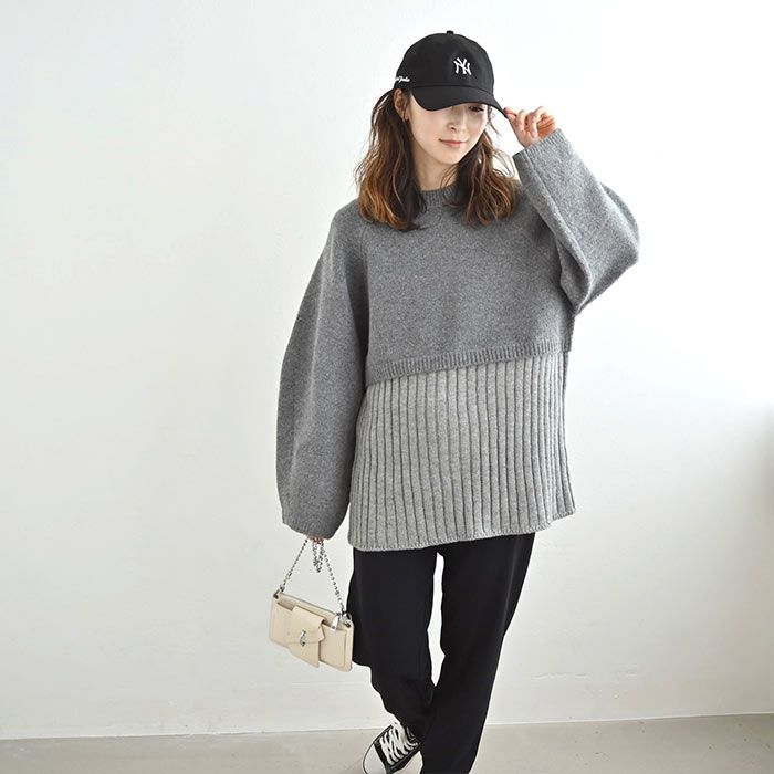 日本 ihuu - [熱銷款] 針織拼接後綁帶氣球袖毛衣-淺灰