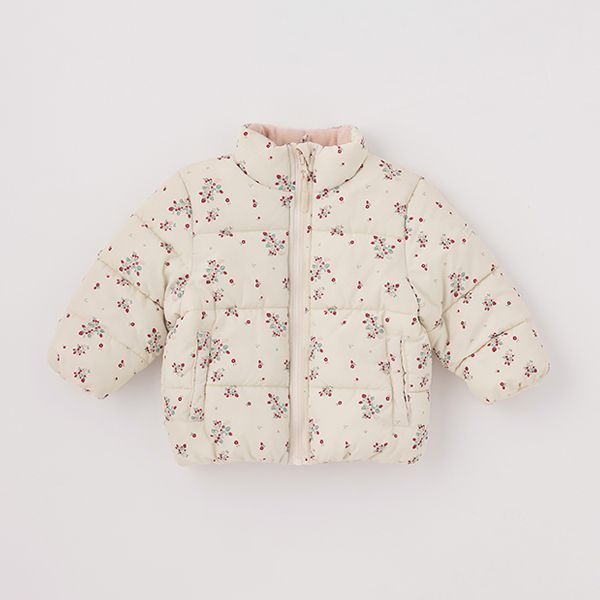 日本 petit main - 潑水加工 蓬鬆保暖鋪棉外套-深藍小花