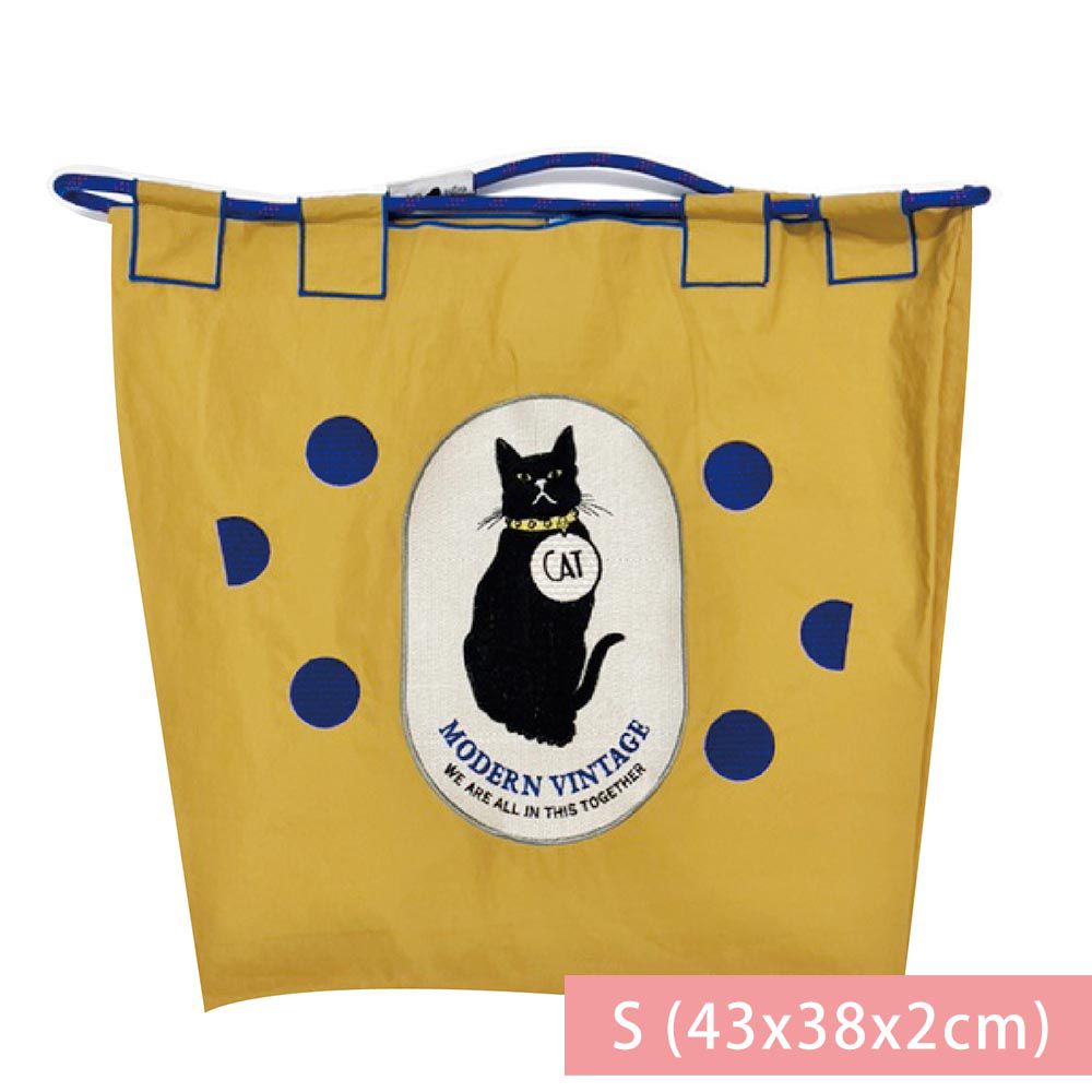 日本女裝代購 - eightbegin 粗繩刺繡購物袋/托特袋-黑貓點點-芥黃 (S(43x38x2cm))