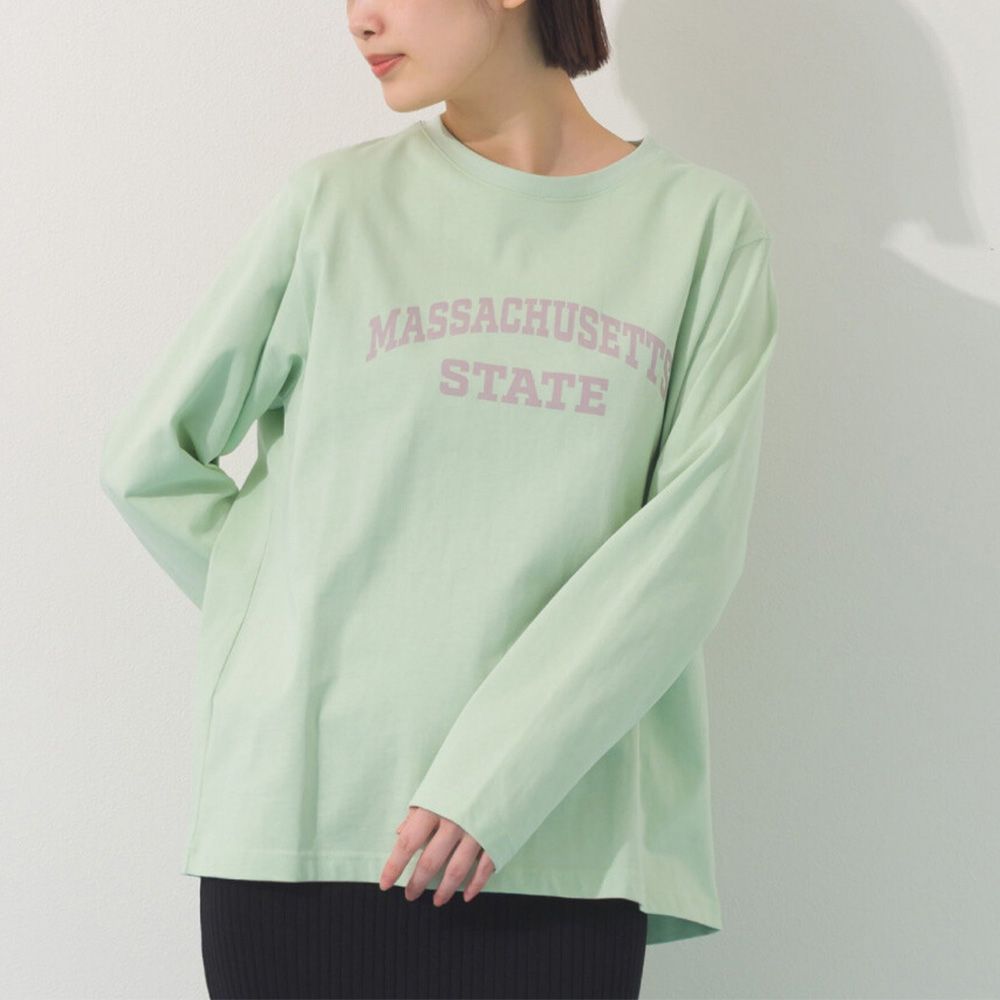 100%棉 簡約英文標語長袖上衣-蘋果綠