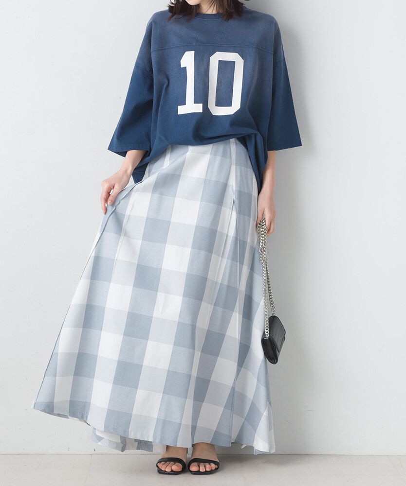 日本女裝代購 - 文藝大格紋修身長裙-淺灰藍