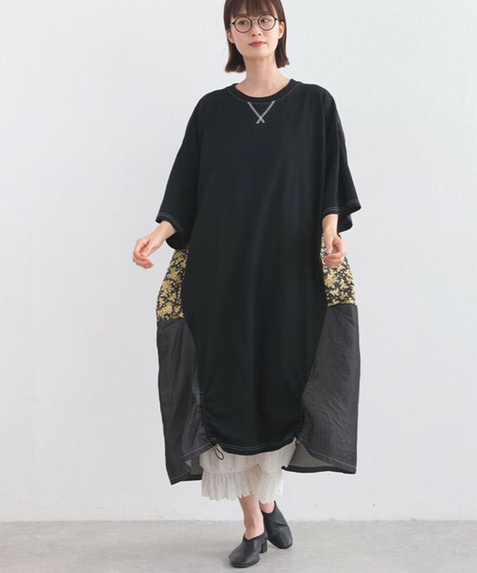 日本 Lupilien - 異素材花朵拼布清新五分袖洋裝-黑