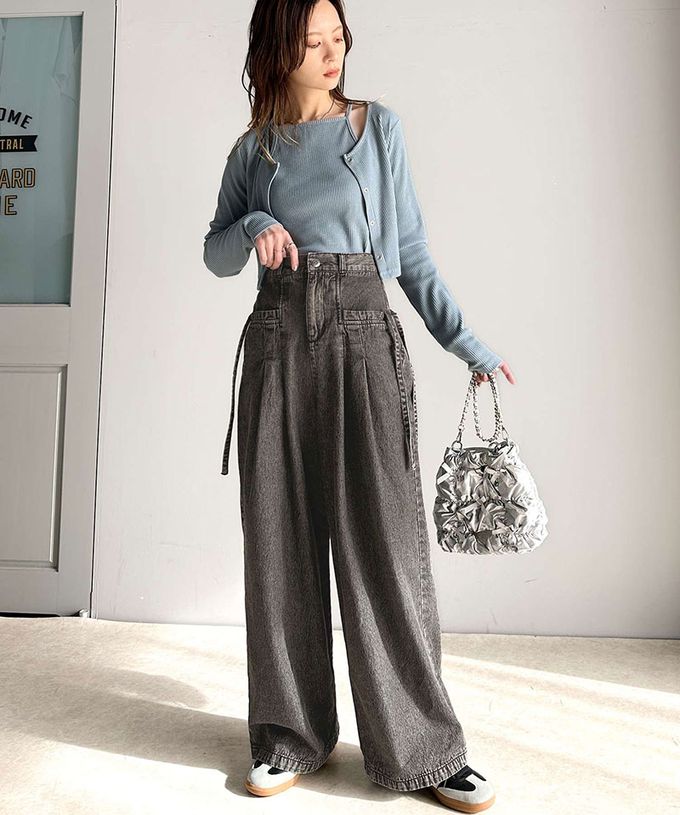 日本 Classical Elf - 側蝴蝶結純棉丹寧摺線寬褲-(環保材質)-黑