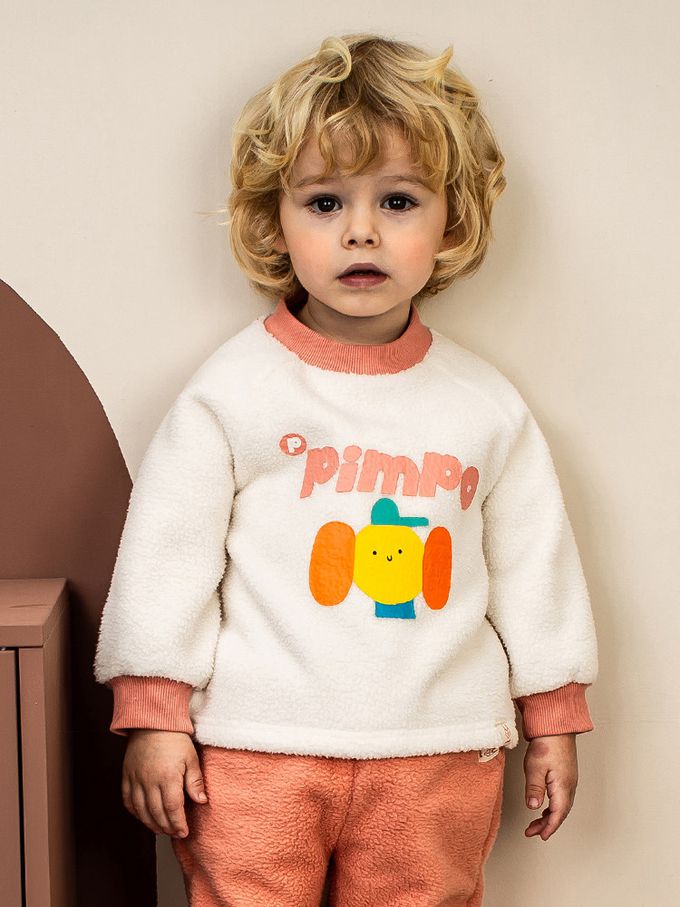 韓國Pimpollo - 圓臉插圖背釦保暖上衣-象牙色