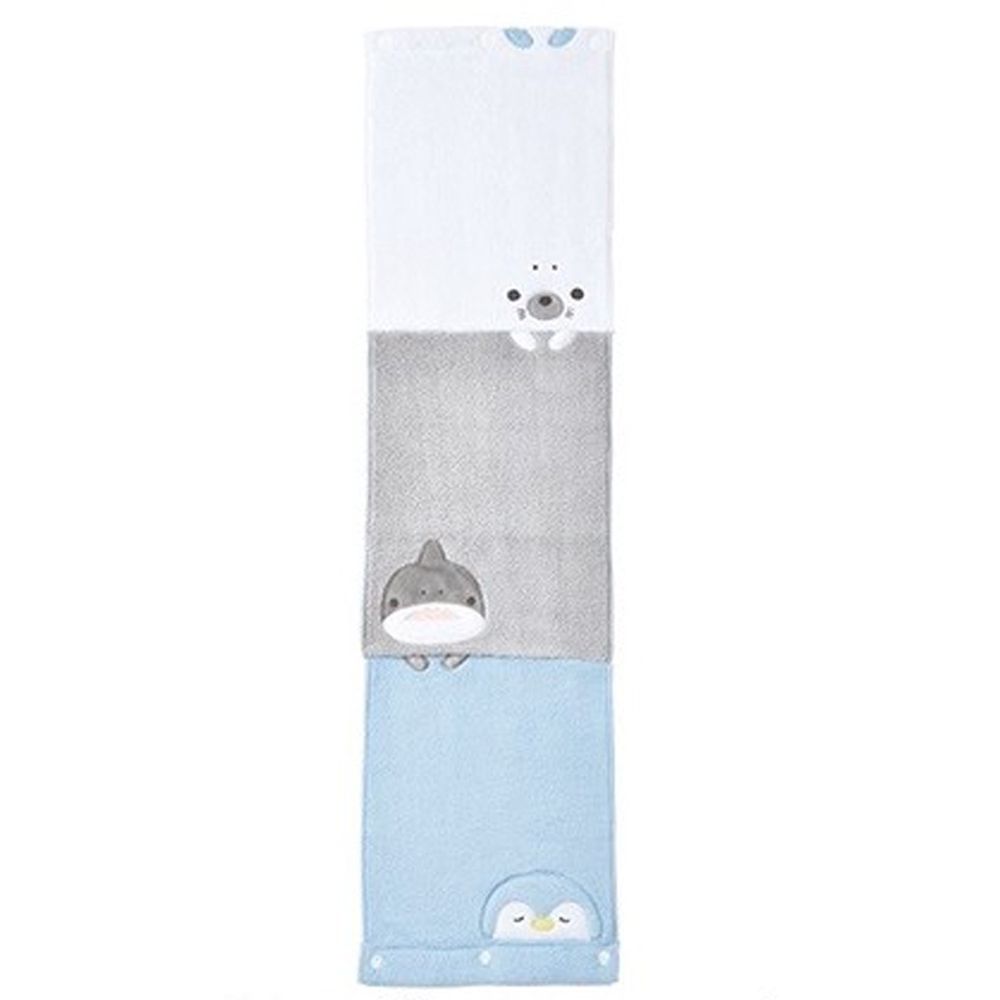 日本 LIV HEART - 5倍吸水力蓬鬆柔軟 附釦式長型擦手巾-海豹x鯊魚x企鵝-白灰藍 (20x75cm)