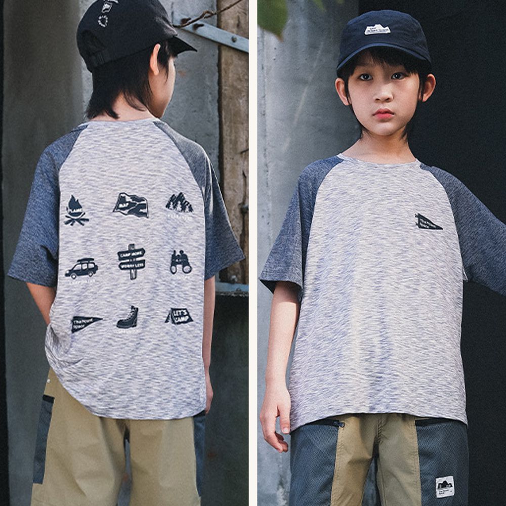 休閒圓領短袖上衣-野營圖鑑-拼色灰