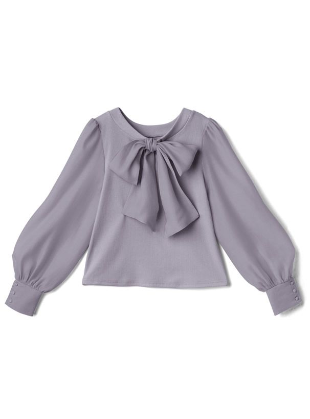 日本 GRL - 2WAY光澤蝴蝶結薄紗拼接上衣-淺灰藍