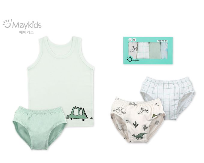 韓國 Maykids - (4入組)男寶無螢光棉親膚三角褲-恐龍車車-米X綠