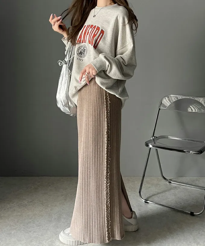 日本 Classical Elf - mily bilet 羅紋修身側流蘇針織長裙-象牙米