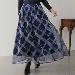 日本 BLUE EAST - 華麗雙層薄紗魅力長裙(可選長度)-格紋-海軍藍