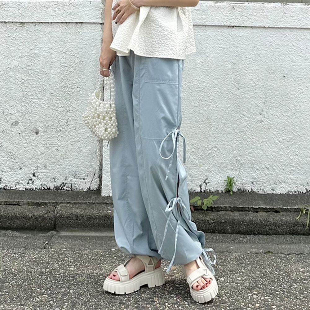 酷甜綁帶側開叉美式工裝褲-石英藍 (F)