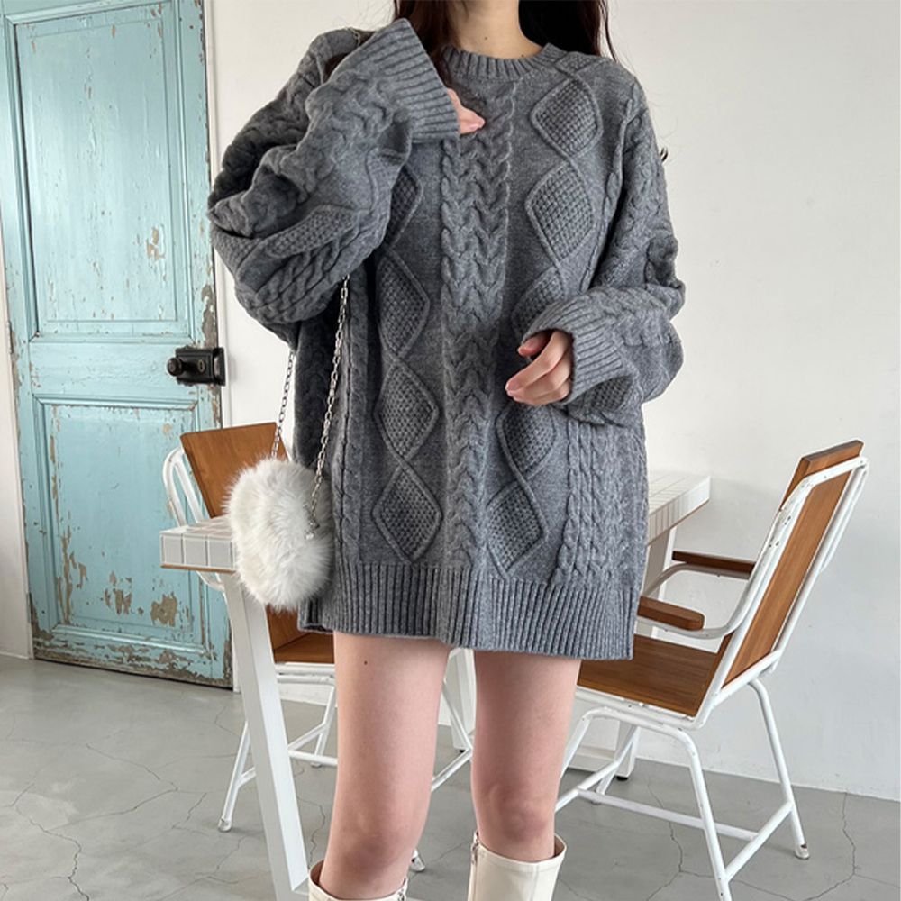 慵懶感麻花編織紋長版毛衣-深灰 (F)