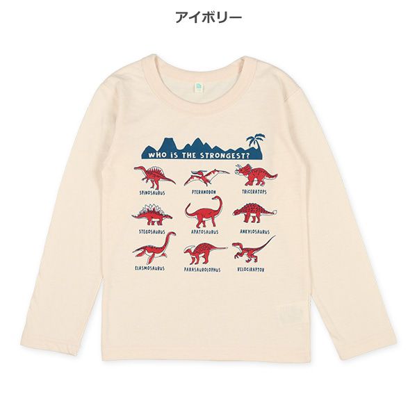 日本西松屋 - 圓領印花薄長袖上衣-恐龍圖鑑-沙棕