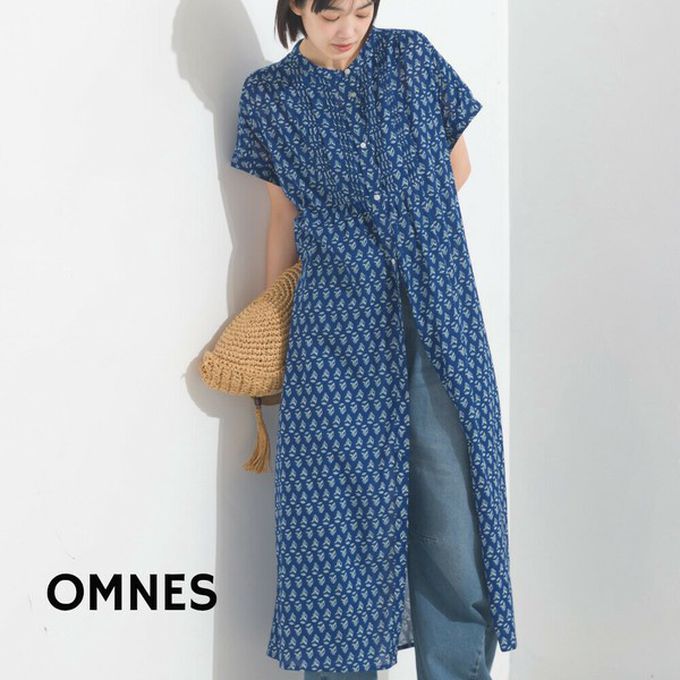 日本 OMNES - 100%印度棉 襯衫式印花短袖洋裝-白底圖騰