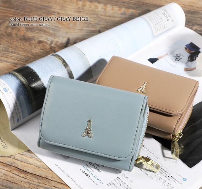 日本 LIZDAYS - 巴黎鐵塔三折輕巧迷你短夾-淺米棕