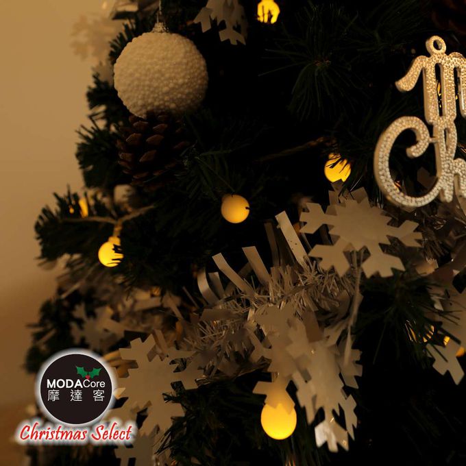 MODACore 摩達客 - 摩達客台製4尺/4呎(120cm)豪華型裝飾綠色聖誕樹/銀白大雪花白果球系全套飾品組+100燈LED小圓球珍珠燈串(暖白光/USB接頭) *1