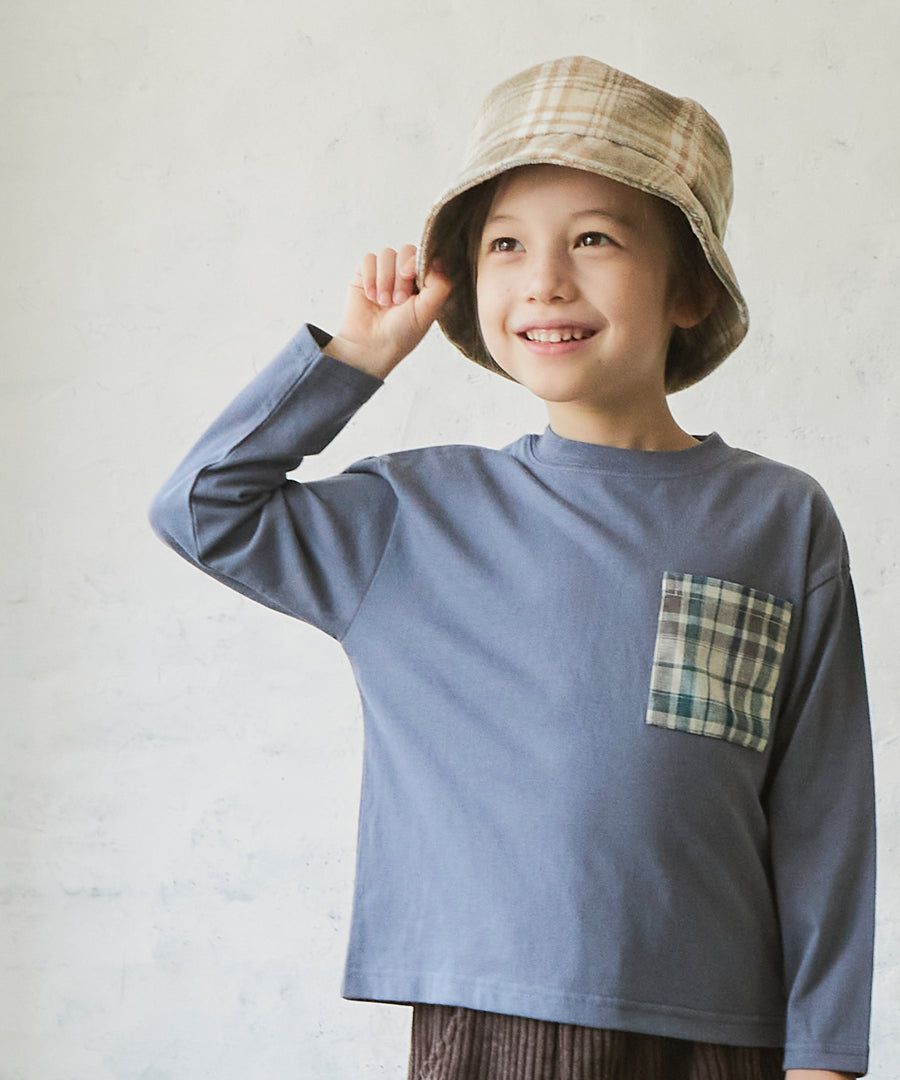 日本 PAIRMANON - 拼接口袋圓領薄長袖上衣-格紋-藍灰