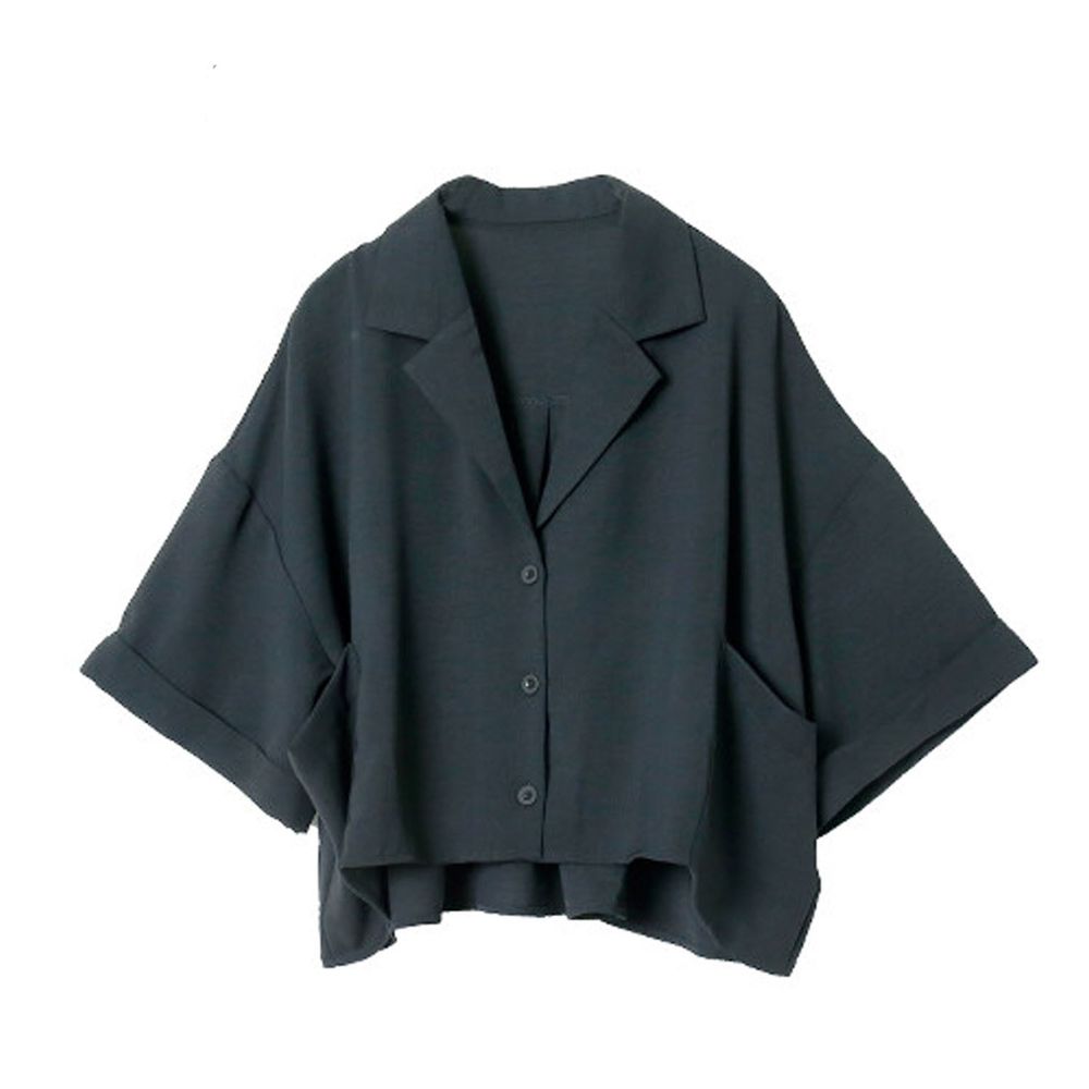 日本 Rejoule - 顯瘦前短後長五分袖寬版口袋襯衫-黑 (M(Free size))