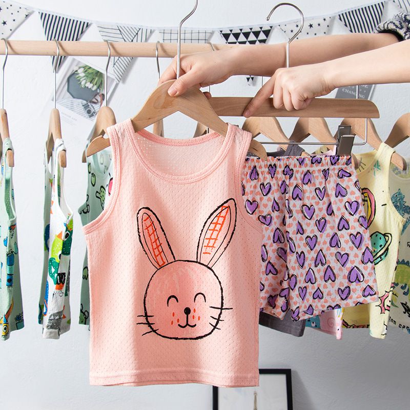 卡通網眼洞洞無袖家居服套裝/空調服-貓咪-粉色