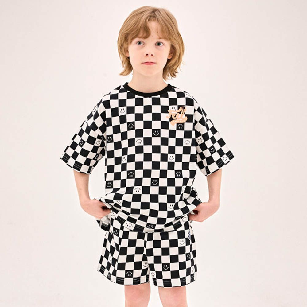 笑臉棋盤格短袖套裝-黑