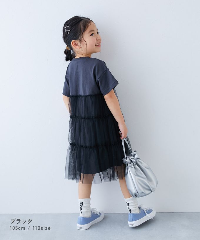 日本 devirock - 柔軟薄紗拼接甜美短袖洋裝-黑