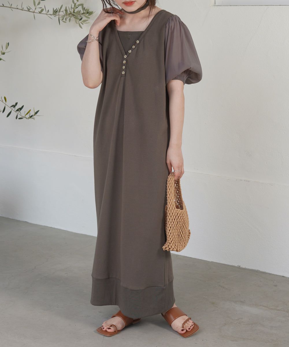 日本 Bab - 優雅綁帶V領泡泡袖洋裝-淺摩卡