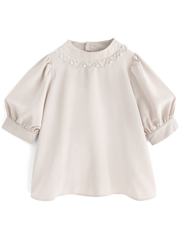 日本 GRL - 優雅珍珠點綴圓領澎澎袖上衣-淺米杏 (F)