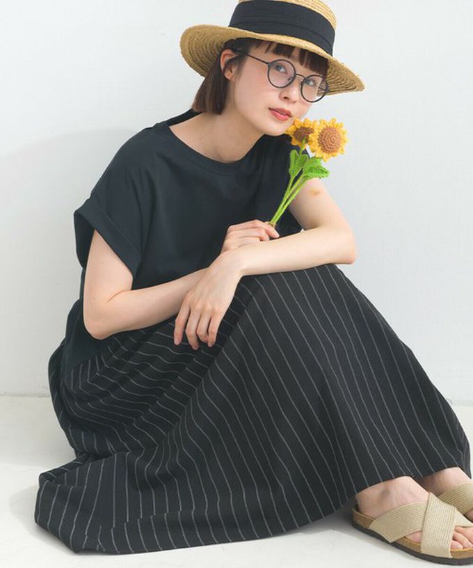 日本 Lupilien - [人氣款]亞麻混紡條紋拼接短袖洋裝-芥末黃