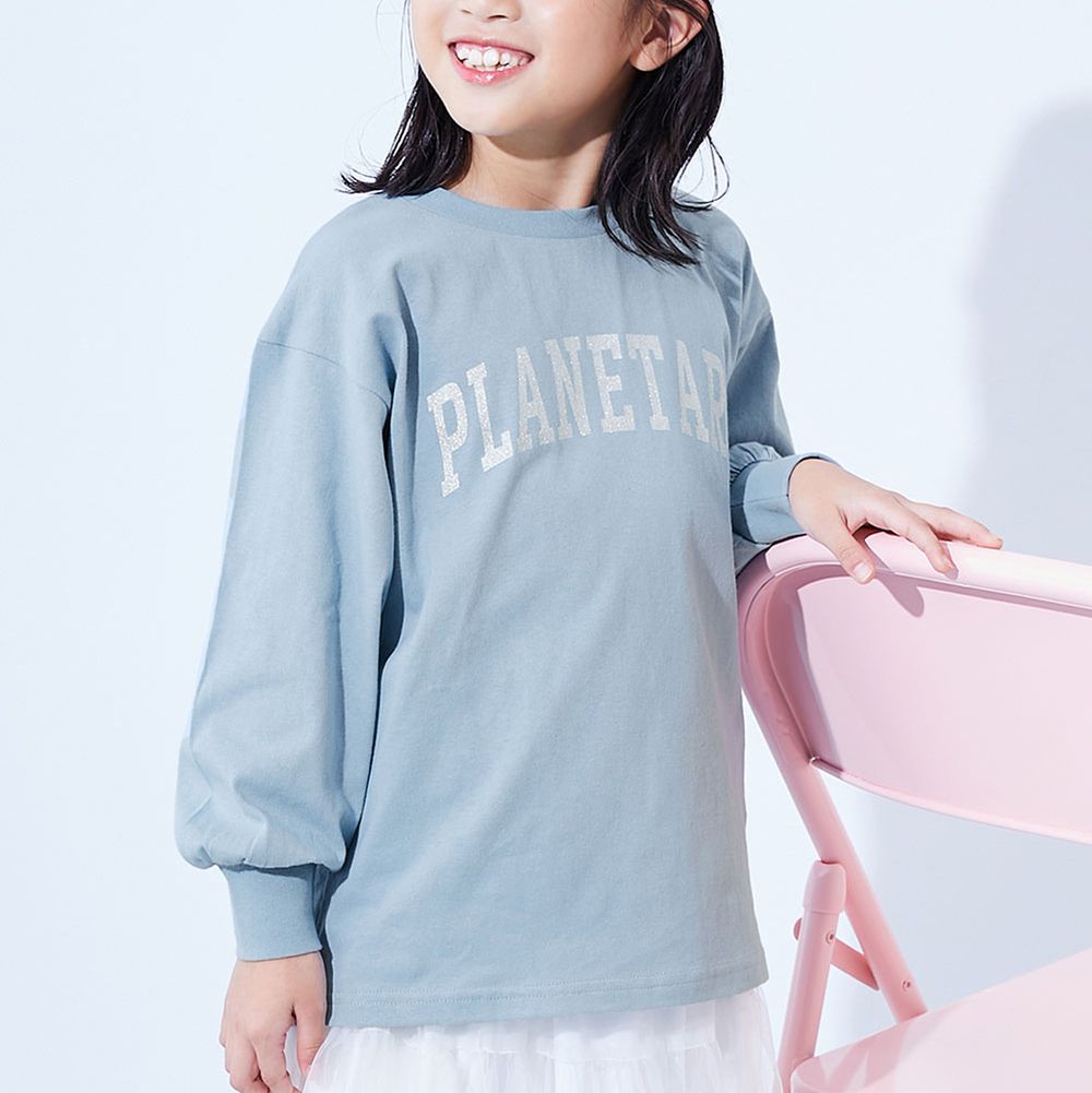 100%棉 女孩寬版長袖T恤-閃亮文字-薄荷藍