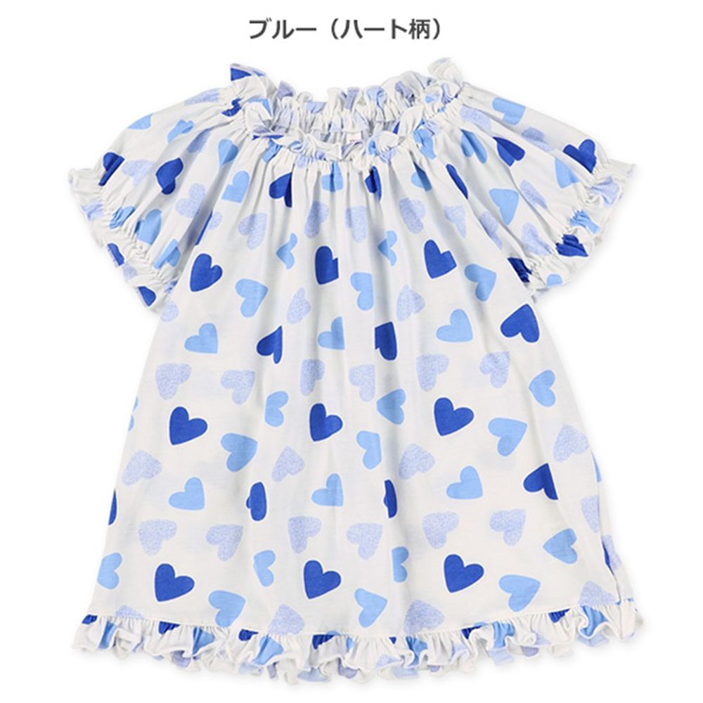 柔軟皺摺滿版印花短袖上衣-藍愛心-白