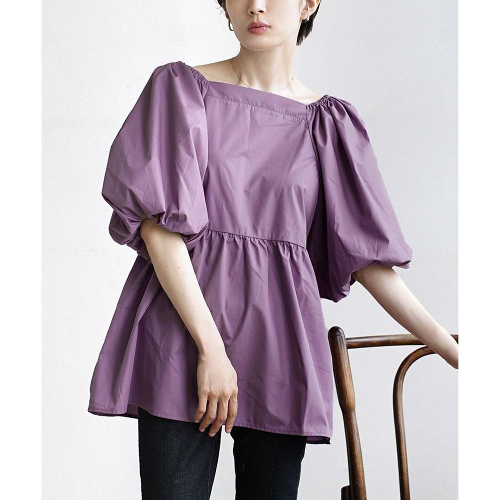 日本 zootie - 優雅方領縮腰泡泡袖上衣-葡萄紫