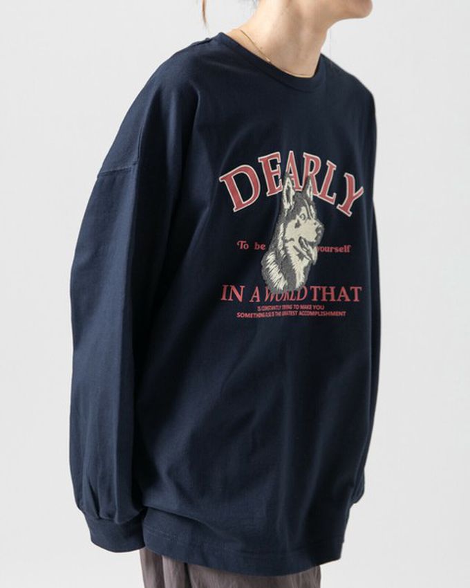 日本 gleam - 相良刺繡哈士奇印花帥氣長袖T恤-灰