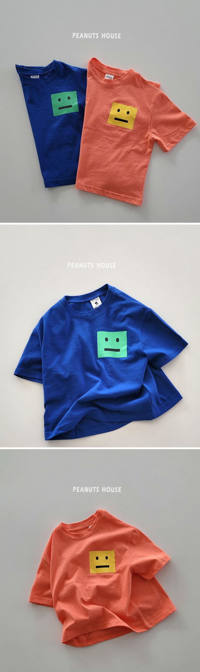 韓國 Peanuts House - 純棉印花圓領短袖上衣-方塊臉-橘