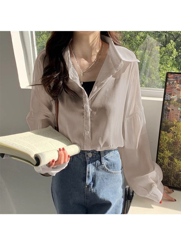 日本 GRL - 透明感氣球袖襯衫/罩衫-淺粉 (M)