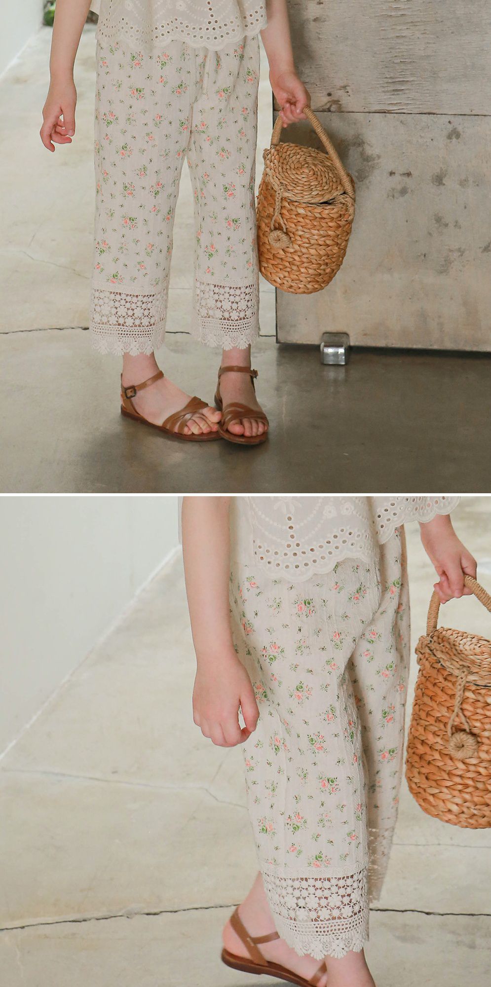 韓國 PuellaFLO - 春日碎花蕾絲下襬薄長褲