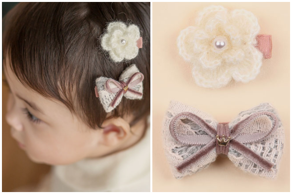 韓國 Happy Prince - 蕾絲蝴蝶結珍珠花朵髮飾Set-棕花X杏蝴蝶結