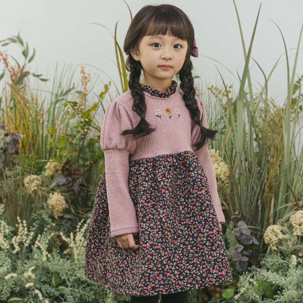 韓國 Orange Mom - 三朵花碎花拼接公主袖洋裝-粉紅