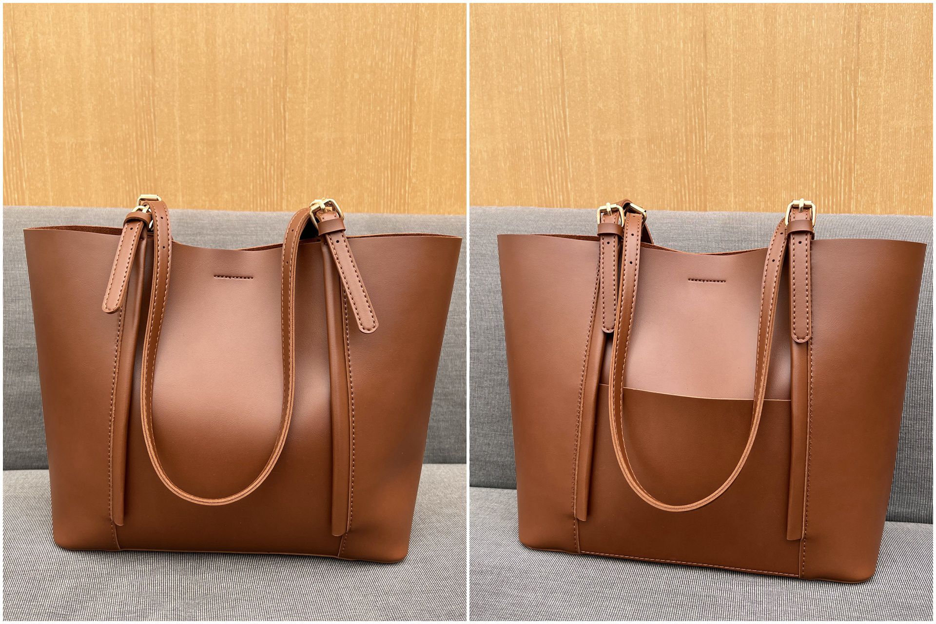 歐美風復古大容量單肩托特包-側邊小口袋-棕+黑 (26x29x12cm)