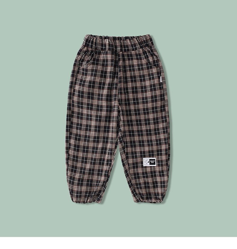 卡通人物史努比腰鬆緊休閒寬褲-格紋款-黑色