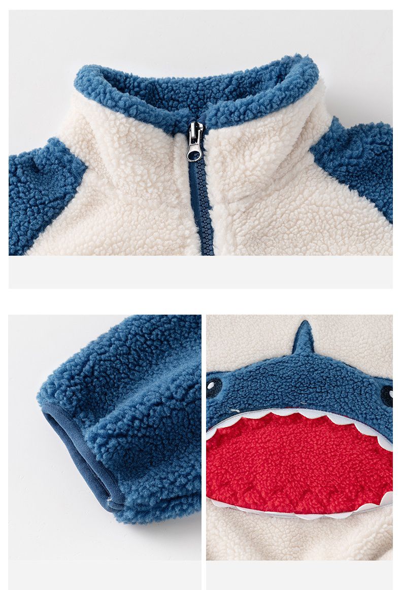 羊羔絨兒童保暖外套-鯊魚-咖啡色