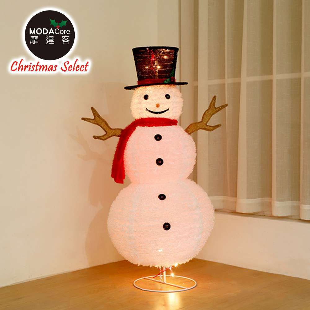 摩達客聖誕-小型LED燈白色絨毛彈簧摺疊雪人玩偶擺飾(100燈LED燈暖白光USB充電)