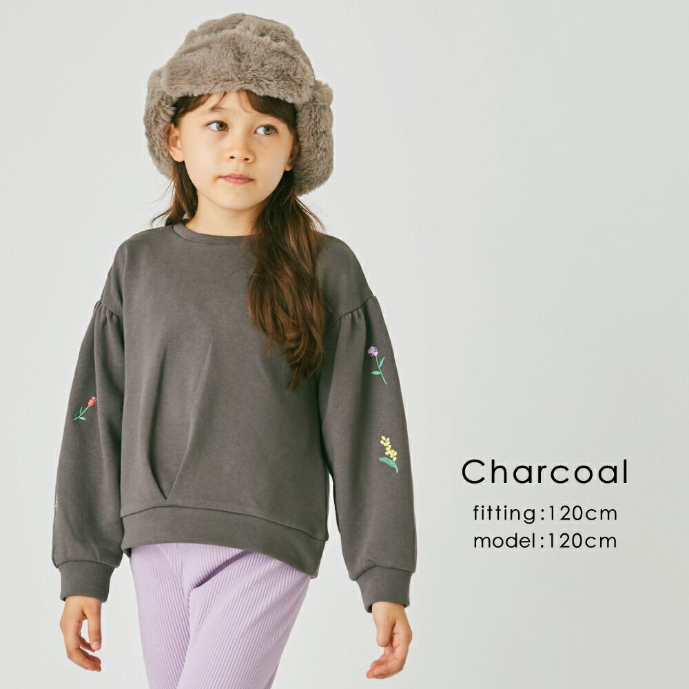 日本 evercloset - 浪漫彩色小花刺繡長袖上衣-炭黑