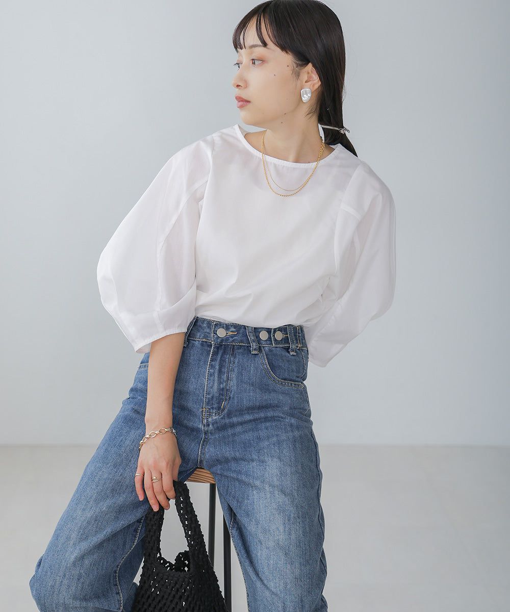 日本 Bab - 圓領百搭氣球袖上衣-淺綠