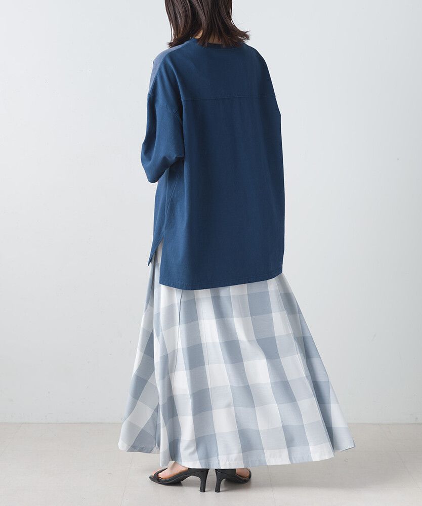 日本女裝代購 - 文藝大格紋修身長裙-淺灰藍