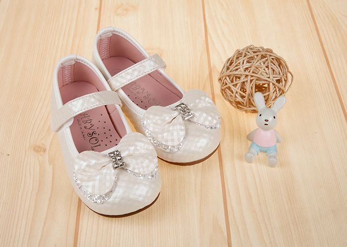 菱格紋典雅鑽飾蝴蝶結白色兒童公主鞋