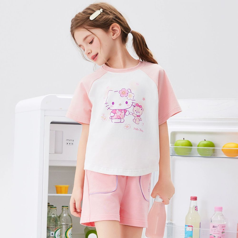 純棉撞色短袖上衣+短褲套裝-卡通人物Hello Kitty-粉色