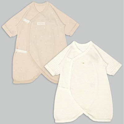 akachan honpo - 長袖蝴蝶裝2件組-點點 橫紋-淺卡其色 (50~60cm)