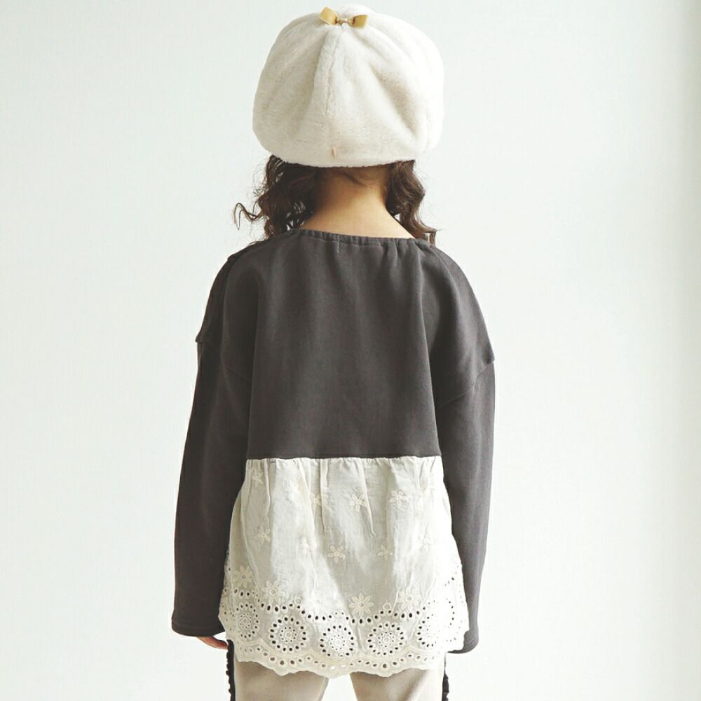 日本 evercloset - 前開叉後層次緹花浪漫長袖上衣-煙燻粉