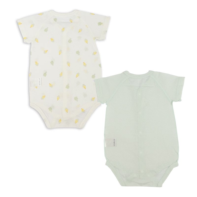 akachan honpo - 短袖前開式網眼包屁衣2件組-玉米-綠色