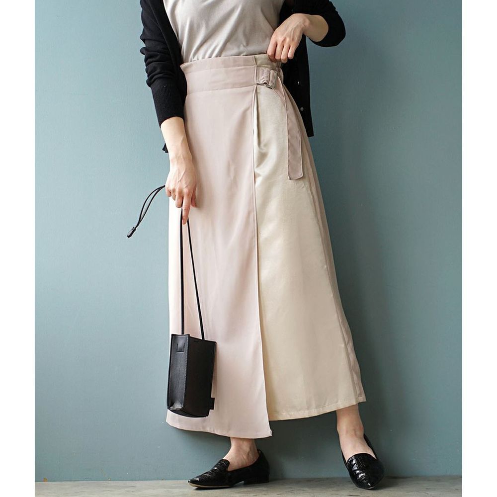 日本 zootie - 撞色拼接腰帶設計後腰鬆緊長裙-灰杏